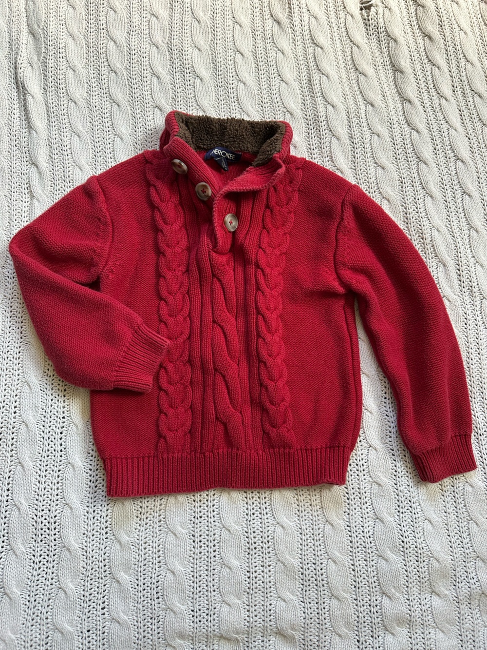 Cherokee Red Cable-Knit Kids Sweater with Button Collar